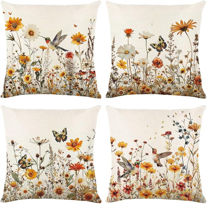 wyooxoo Spring Pillow Covers 20x20 Set of 4 Farmhouse Summer Throw Pillow Covers Floral Decorative Cushion Cases for Sofa Couch Outdoor Bedroom
