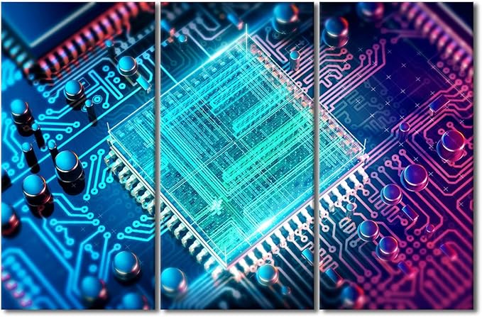 3 Piece Technology Wall Decor Integrated Wall Art Communication Processor CPU Concept Canvas Wall Art Poster Motherboard Digital Chip Wall Decor for Living Room Bedroom Framed Ready to Hang(40"Wx60"H)