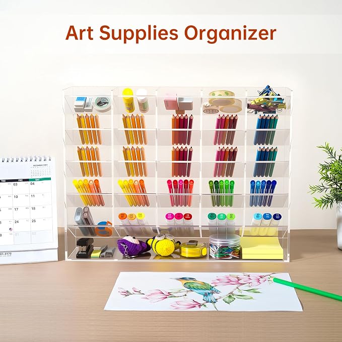 BEYGORM Acrylic Vertical Marker Organizer for 310 Markers, Desk Orgaizer | 26 Compartments Clear Angled Pen & Pencil Holder, Large Stationery & Art Supply Storage for School (14.9 x 12.4 x 4 Inch)