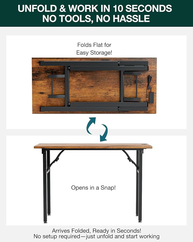 Frylr Small Folding Computer Desk – 43.3 Inch Portable Table for Craft and Study, Lightweight Desk for Small Spaces, Foldable Laptop Table Built-in AC/USB Outlets for Convenience, Rustic Brown