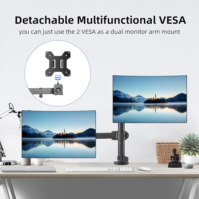suptek Monitor and Laptop Mount Holds 13-32 inch Computer Screen, Adjustable Monitor Arm Stand with Laptop Tray for 13-27 inch, Hold 22 lbs, with Clamp and Grommet Mounting Base