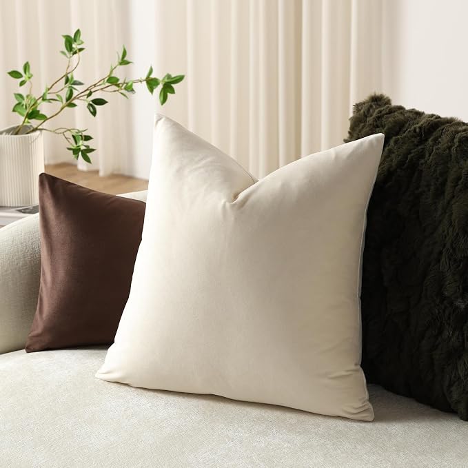 Throw Pillow Covers 20x20 Cream: Pack of 2 Cozy Soft Velvet Square Modern Luxury Decorative Throw Pillow Cases for Sofa Couch Living Room Bed Home Decor