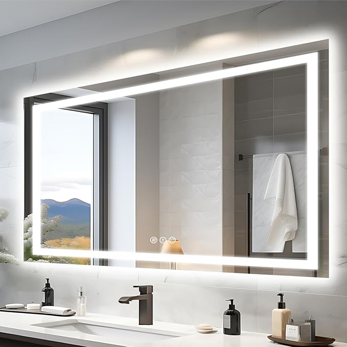 57"x36" Light Mirror for Bathroom (Front and Backlit), Anti-Fog Bathroom Vanity Mirror, Stepless Dimmable Lighted Mirror, Tempered Glass, Memory (Horizontal/Vertical)