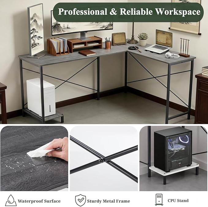 L Shaped Desk, 50 Inch Reversible Computer Desk Corner Gaming Table with CPU Stand, Sturdy Metal Frame PC Workstation for Home Office | Storage Bag, Grey Corner Gaming Desk, Sturdy Metal Frame, PC Workstation for Home Office