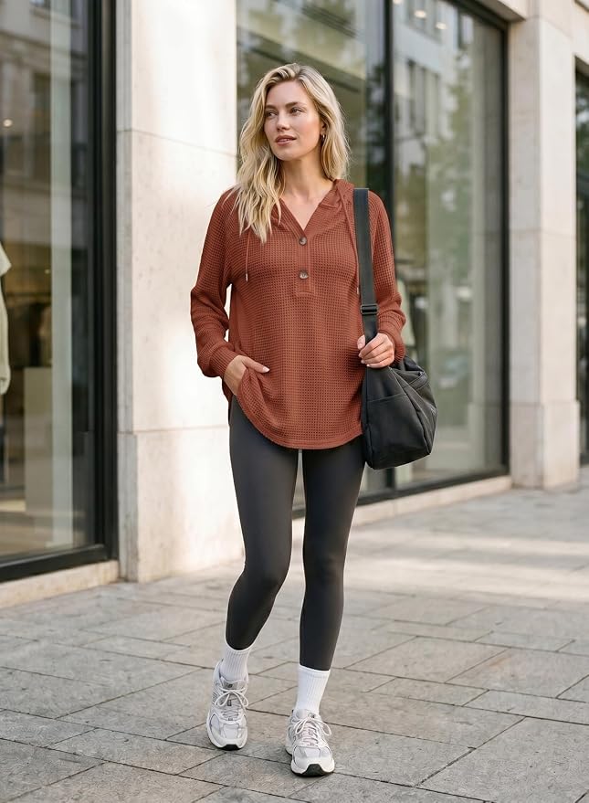 Dokotoo Hoodies for Women Waffle Knit Long Sleeve Drawstring Button V Neck Casual Sweatshirt Hooded Tops Fashion Clothing