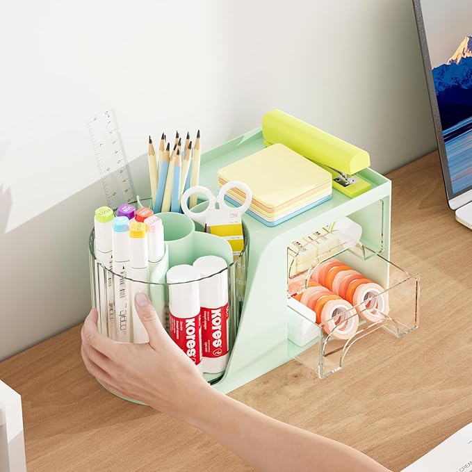 Marbrasse Desk Organizer with 2 Drawer, 360°Rotating Pen Holder, Desk Organizers and Accessories with 6 Slots Pencil Holder + 2 Drawer, Art Supply Storage Box Caddy for Office (Green)