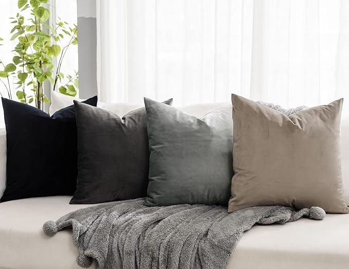 JUSPURBET 16x16 Decorative Velvet Throw Pillow Covers Cases Set of 2,Stone | Modern Soft Cushion Covers with Hidden Zipper for Couch Sofa Bed Living Room Bedroom Home Decor