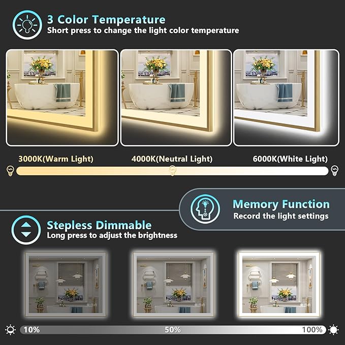 44x32 Gold LED Bathroom Mirror with Lights, Brushed Gold Framed Backlit and Front Lit Anti-Fog Lighted Vanity Mirrors for Bathroom Wall, Dimmable, 3 Colors, Memory, HD Tempered Glass, CRI＞90
