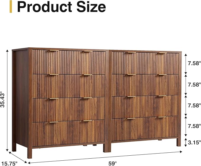 4 Drawer Double Dressers for Bedroom with Waveform Fluted Panel Design, Modern Wide Chest of Drawers,Wood Storage Dresser Chest of Drawers for Bedroom Living Room Hallway Closet,Walnut 2 Sets