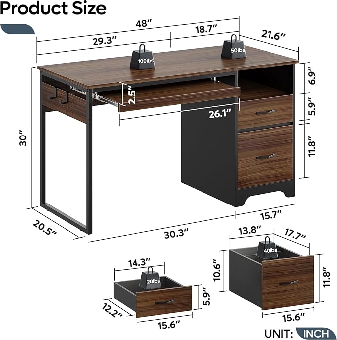 Bestier 48” Computer Desk with Drawers, Office Desk with Storage, Industrial Wood Writing Desk with File Drawer, Keyboard Tray & 2 Hooks for Home Office & Studio, Cherry