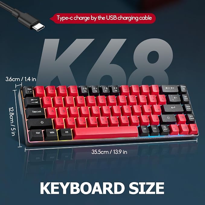 Wired Portable 60% Mechanical Feeling Gaming Keyboard,RGB LED Backlit Compact 68 Keys Mini Wired Office Keyboard for Windows Laptop PC Mac Gamer, Typist, Travel on Business Trip- Red and Black