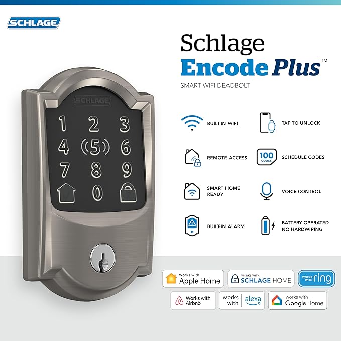 Schlage Encode Plus Smart Wi-Fi Lock for Front Door, Keyless Entry Deadbolt, Unlock with Apple Watch, Built-in WiFi and App Control, Easy Install, Alexa & Apple HomeKit Compatible, Satin Nickel