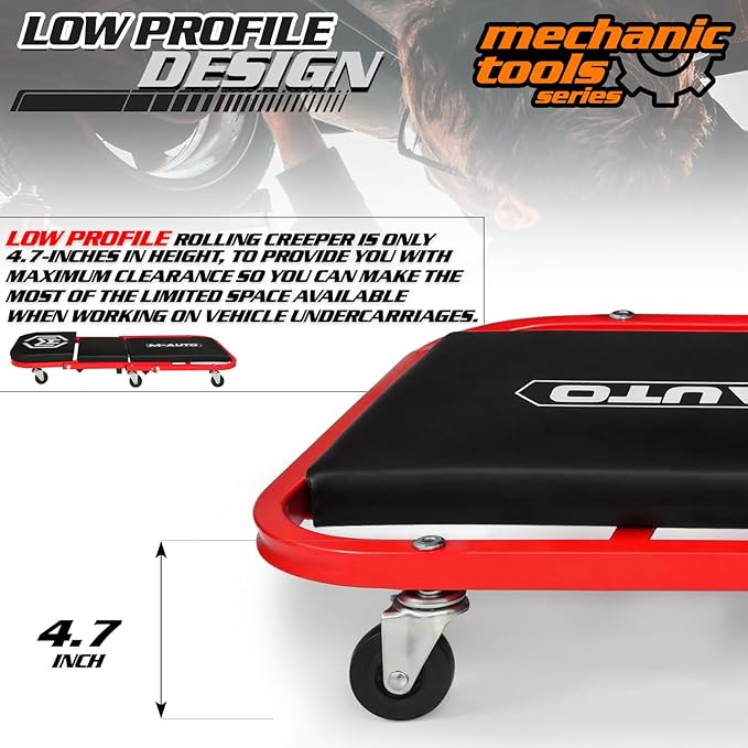 M-AUTO 40-Inch Folding Creeper Rolling Seat, All-in-One Adjustable Roller Garage Chair, Lay Down or Sit, 330LBS Capacity Under Car Roller Creeper with 6 Swivel Casters, Red