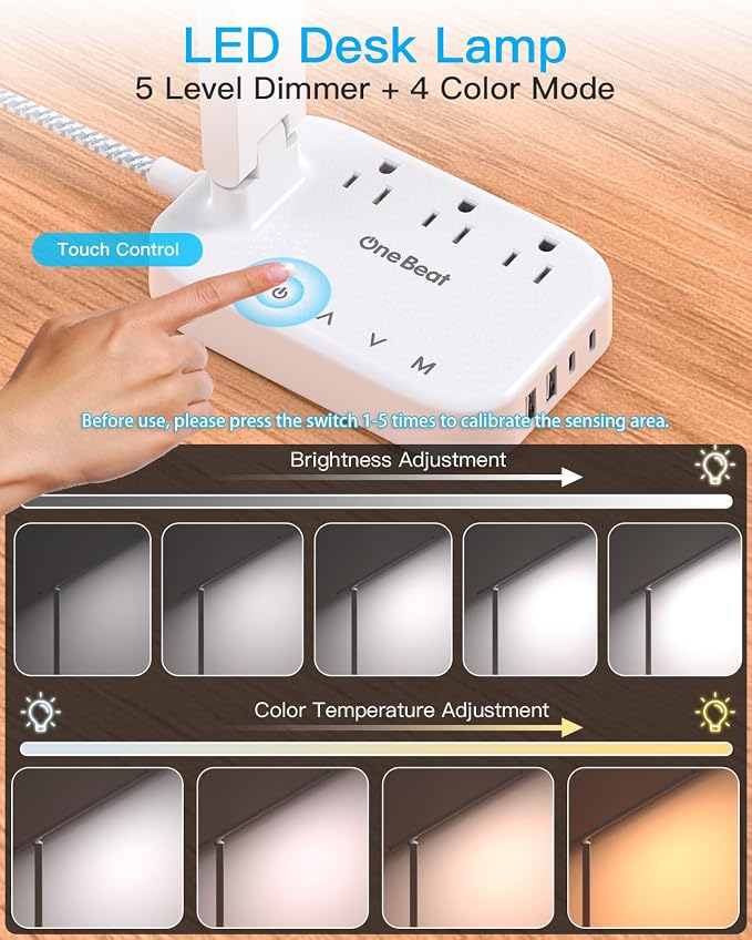 One Beat Small LED Desk Lamp Power Strip 5ft Extension Cord with 3 Outlets 4 USB Ports(2 USB C), 4 Modes, 5 Level Touch Lamp Study Reading Light, Home Office Bedroom College Dorm Room Essentials,White | One Beat 4 Modes 5 Level Brightness Touch Lamp, S...