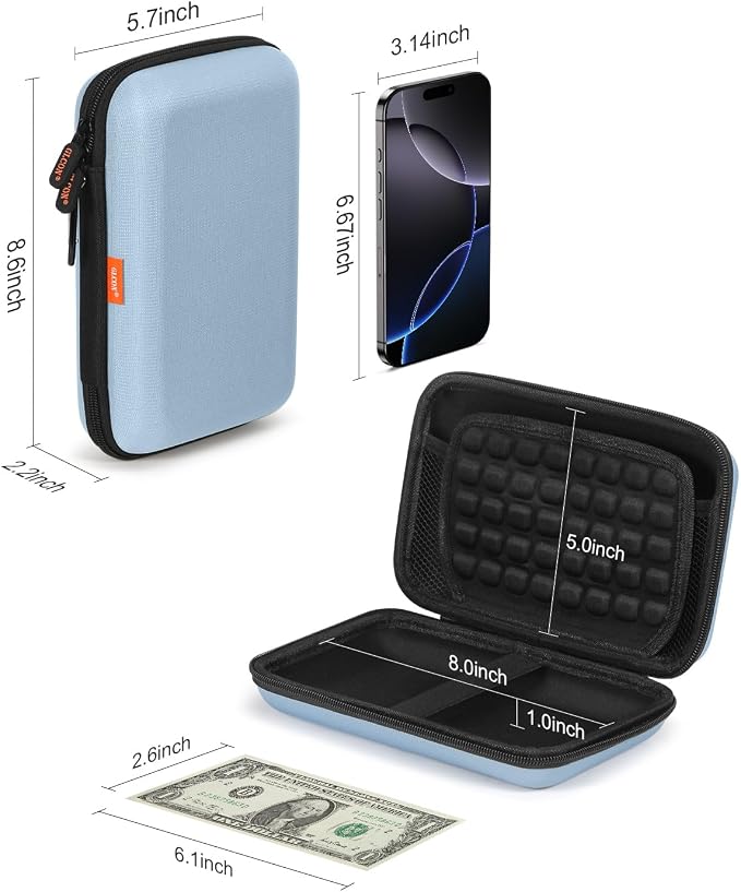 Shockproof Hard Shell Carrying Case - Light-Blue Case for External Hard Drive, Power Bank, Charger, Cable, Cell Phone, Electronic Accessories - Larger Capacity Storage Pouch Portable Travel Bag