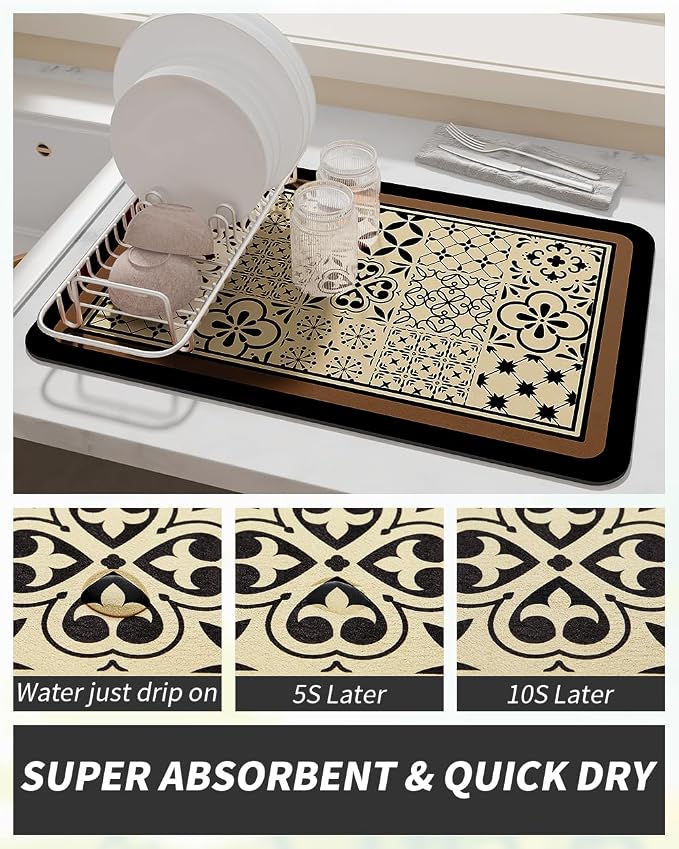 AMOAMI Coffee Mat Hide Stain Rubber Backed Absorbent Dish Drying Mat for Kitchen Counter - Fits Under Coffee Maker or Machine - Khaki 17x31.5