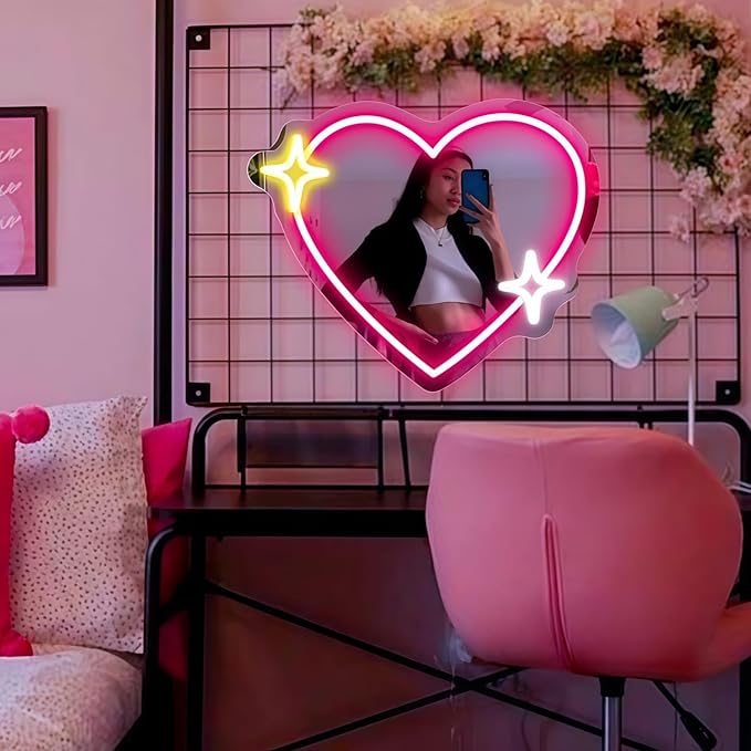 LED Mirror Neon Lights Light Up Dressing Mirror Cat/Shine Heart/Bat/Butterfly Shape Neon Mirror Sign for Modern Home Girl Room Bathroom Salon Wall Art Decor Gift For Girlfriend USB Powered
