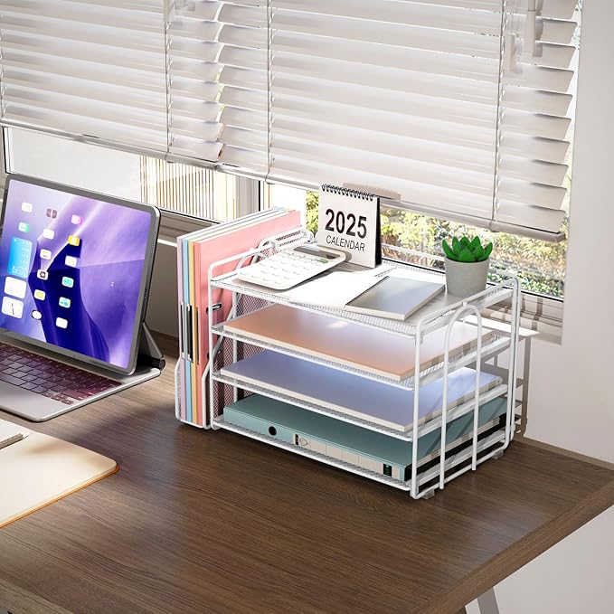 gianotter 4-Tier Paper Organizer With Magazine Holder | Desk Organizers and Accessories, File Organizer for Office Supplies Storag (White, 4-Tier)