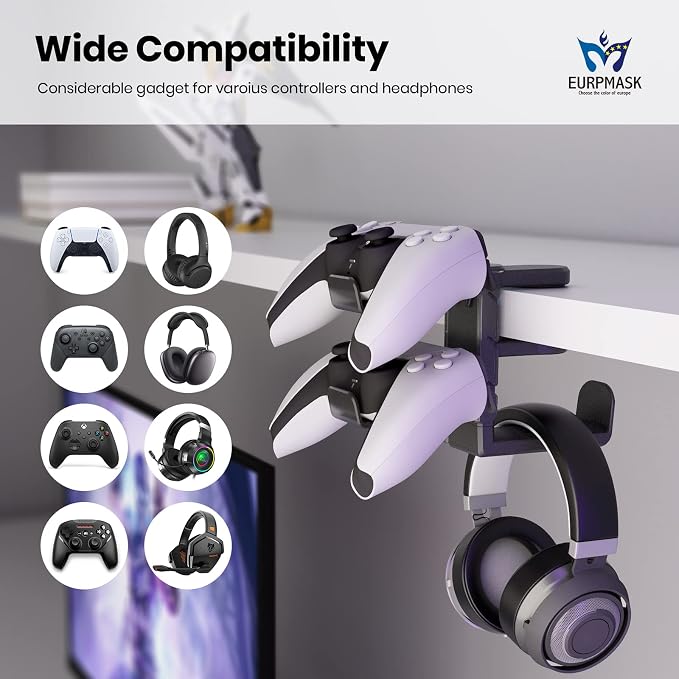3-in-1 Headset&Controller Holder - EURPMASK Upgraded PC Gaming Headset Stand, Adjustable Clamp-on Headphone Holder,Headphone Controller Hook Under Desk w/ 360 Degree Swivel&Cable Clip Organizer-Black