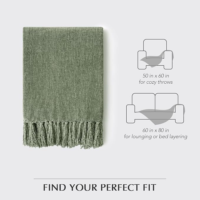 Chenille Knit Throw Blanket for Couch, 50"x60", Sage Green | Cozy Plush Fuzzy Knittd Throw with Tassels, Lightweight, Decorative, Farmhouse Decor, Ideal for Bed Sofa Gift, All Seasons