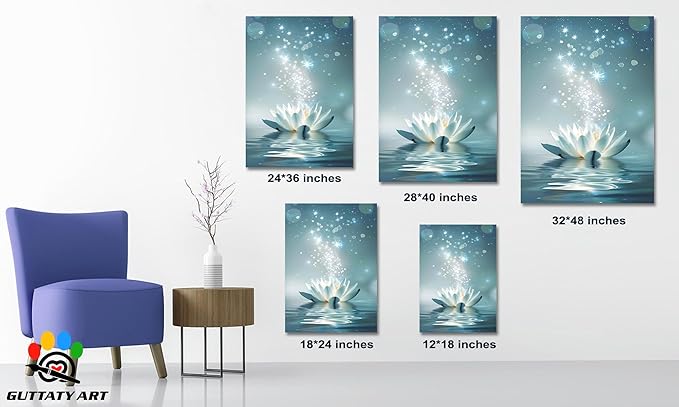 Zen White Lotus Flower Canvas Wall Art, Lotus Flower Pictures Bathroom Zen Print, Spiritual Water Lily Canvas Prints, Lotus Bloom on Water Poster, Zen Calm Relax Artwork for Yoga Spa Room 12x18 inch