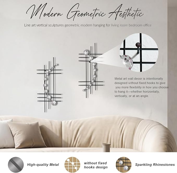 ZEXUIRU 2 Pcs Abstract Metal Art for Wall Decor Living Room Bedroom Bathroom Office Metal Bling Modern Geometric Hanging Vertical Small Iron Sculpture Plaque Pack -Black 15.7in