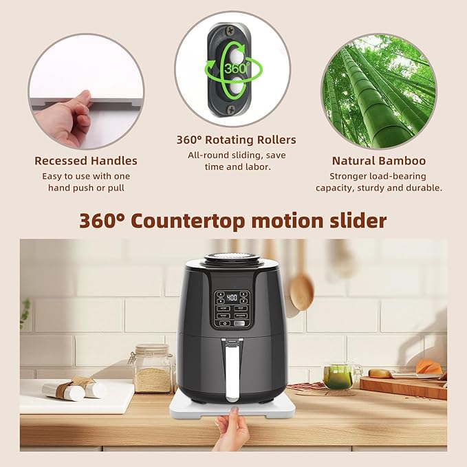 360° Rolling Tray Bamboo Appliance Slider for Kitchen Appliances | Kitchen Appliances Sliding Tray for Coffee Maker Appliances Mat Easily from Under The Cabinet White(13.9"×9.4")