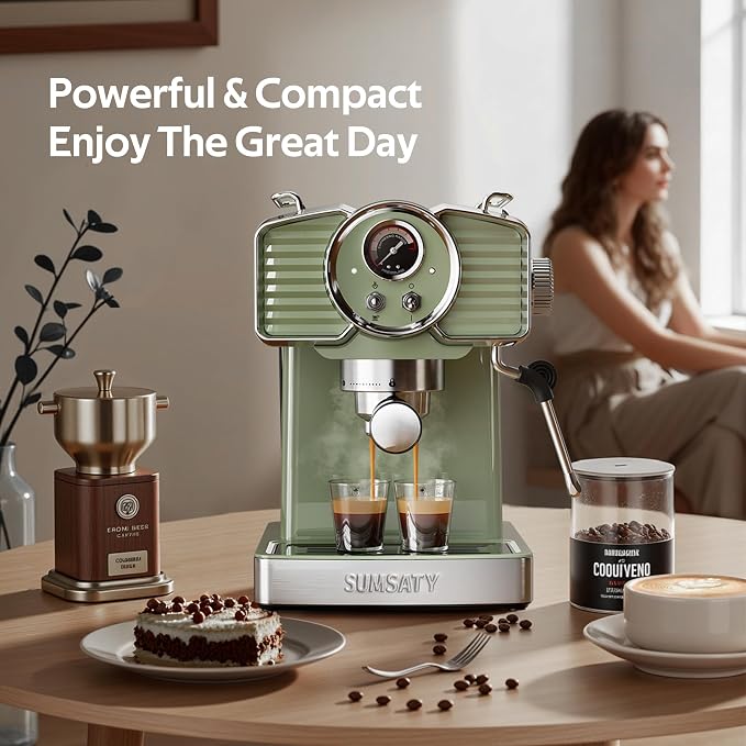 SUMSATY 20 Bar Espresso Machine Retro with Powerful Milk Frother, Green | Visual Pressure Gauge Espresso Coffee Machine 1350W Fast Heating Home Barista for Cappucino Latte Maker, 61oz Water Tank
