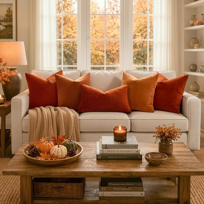 MIULEE 12x20 Inch Lumbar Velvet Fall Throw Pillow Covers Burnt Orange | Pack of 2 Soft Solid Decorative Pillow Covers, Modern Luxury Home Decor, for Chair Couch Sofa Bedroom Livingroom