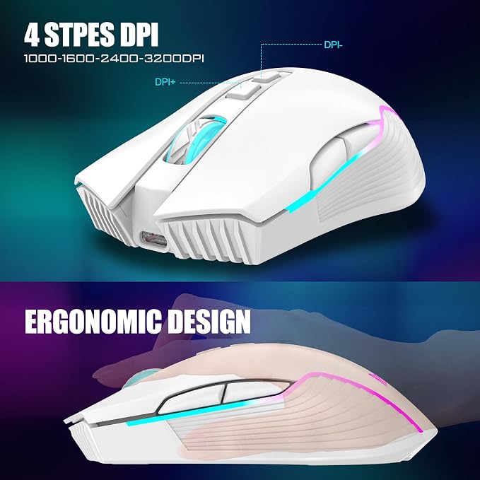 RedThunder K10 Wireless Gaming Keyboard and Mouse Combo, RGB Backlit Rechargeable 3800mAh Battery, Mechanical Feel Anti-ghosting Keyboard + 7D 3200DPI Mice for PC Gamer(White Pudding)