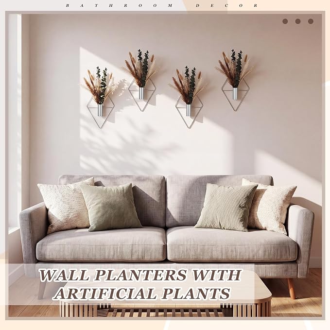 Jexine 4 Pcs Hanging Planters with Artificial Pampas Chrome Silver Metal Hanging Vase Indoor Plants Holder Modern Geometric Boho Bathroom Wall Decor for Living Room Home Office