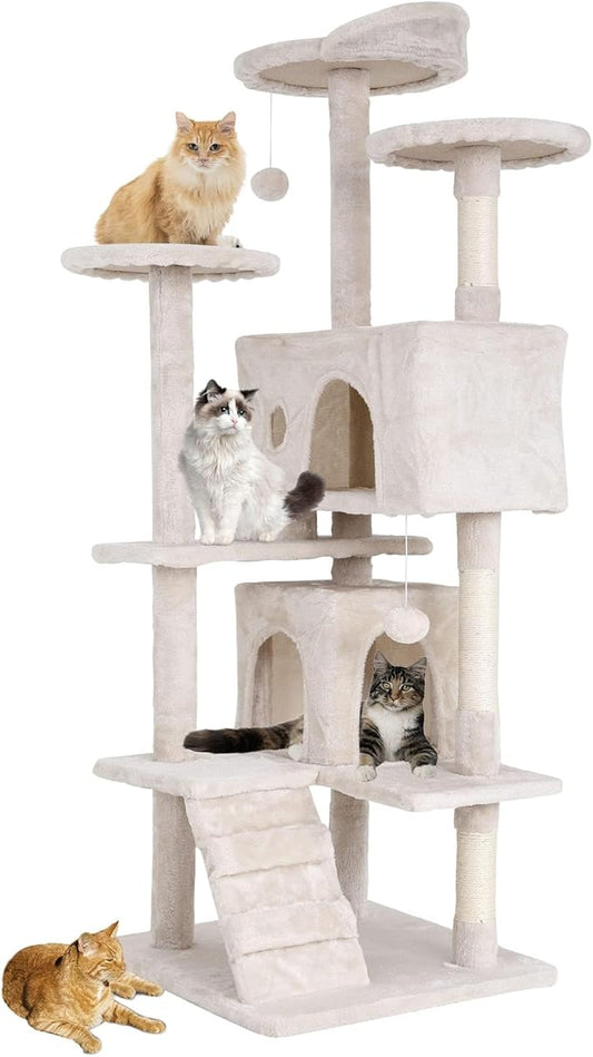 Cat Tree for Indoor Cats, Multi-Level Cat Tower with Scratching Posts & Cozy Condo, Space Saving Cat Activity Center, Durable Pet Play House (54in,Beige)