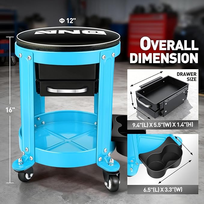 DNA Motoring Round Mechanics Roller Seat Creeper Stool with Padded Cushion, Tool Storage Drawer & Tray, 300 Lbs Max Weight Capacity, Blue, TOOLS-00492