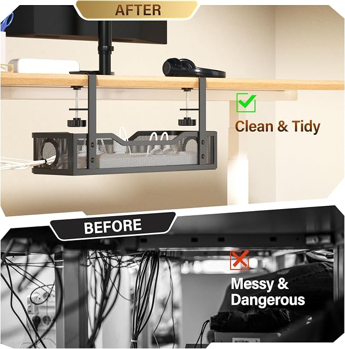 Under Desk Cable Management Large, Cinati 16" Cable Management Box for Table Thickness up to 3", Wire Cord Organizer with Clamp No Drill, No Damage to Desk (Black)