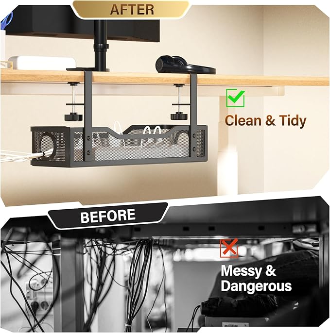 [Upgraded] 2 Pack Under Desk Cable Management Tray, Cinati Cord Organizers for Table Thickness up to 3", 16" Wire Organization with Clamp No Drill, Cable Management Box for Office - No Damage to Desk