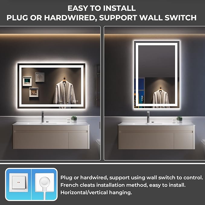 48x32 Inch LED Bathroom Mirror with Lights Front and Backlit Lighted Vanity Mirror for Bathroom Wall with 3 Colors Dimmable Anti-Fog Memory Shatter-Proof IP54 Waterproof Horizontal/Vertical