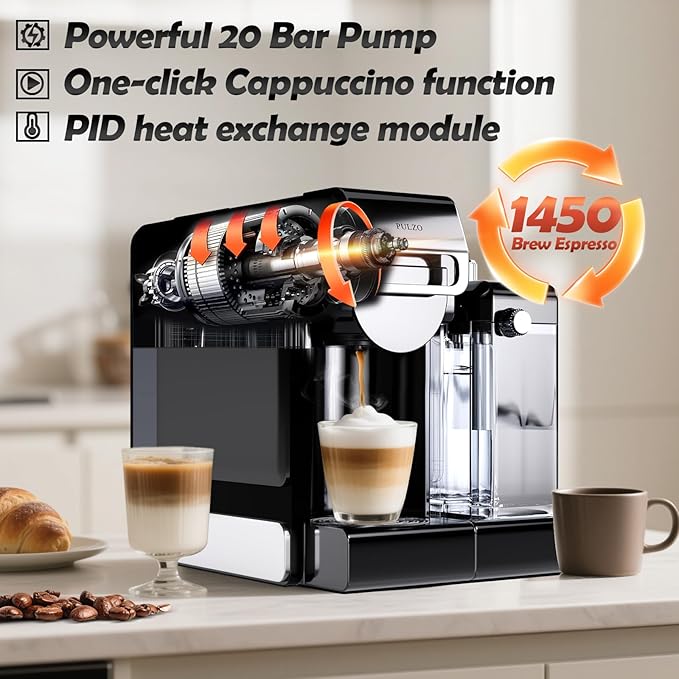 PULZO Espresso Machine with Automatic Milk Frother,capsule coffee maker | Coffee Maker,Automatic Espresso Machine for K*cup Capsule/Ne*s Original/Ground Coffee, One Touch Latte & Cappuccino