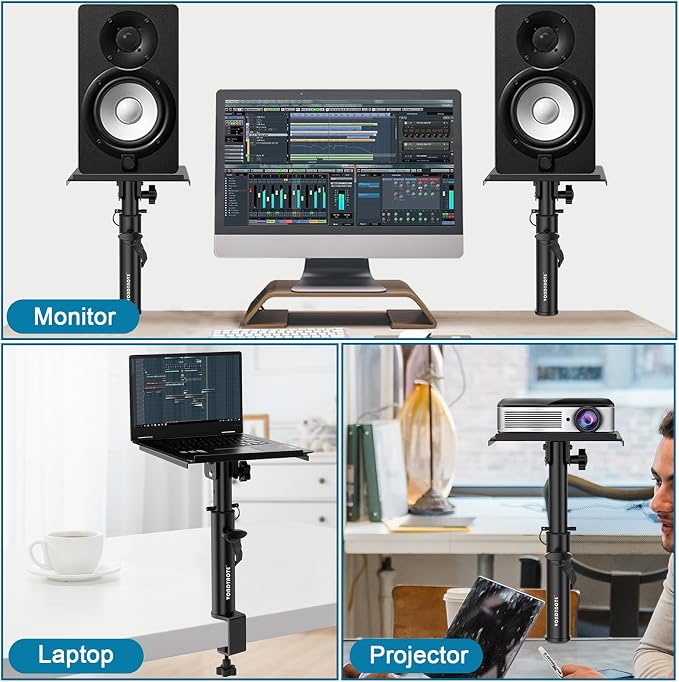 Vondynote Pair of Studio Monitor Stands Desk Clamp Speaker Stands 12°Tilt | Heavy Duty, 10.4"-15.4" Height Adjustable, for Monitor Speakers Laptop Projector CD Player