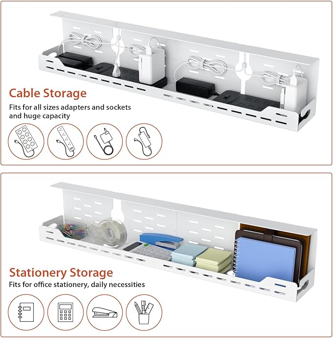 Univivi Under Desk Cable Management Tray, Cable Management, 32 inch, White | Durable Steel Material, Desk Cable Management with No-Drill C-Clamp and Screw Mount, Cord Management for Office/Home