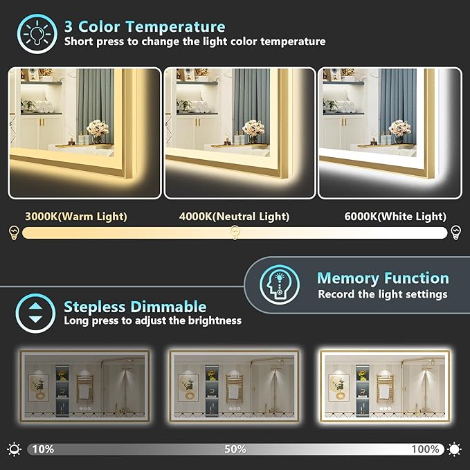 84x32 Gold Beveled LED Bathroom Mirror with Lights, Brushed Gold Framed Backlit and Front Lit Anti-Fog Lighted Vanity Mirrors for Bathroom Wall, Dimmable, 3 Colors, Memory, HD Tempered Glass
