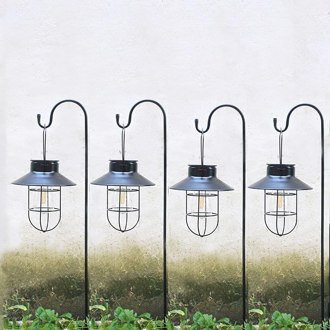4 Pack Hanging Solar Lantern Lights with Shepherd Hook, Metal Waterproof Warm White Edison Bulb Lights for Garden Outdoor Pathway