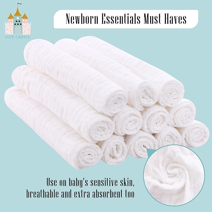 Cute Castle 24 Pack Muslin Baby Burp Cloths - Ultra-Soft 100% Cotton Baby Washcloths - Large 20'' by 10'' Super Absorbent Milk Spit Up Rags - Burpy Cloths for Unisex, Boy, Girl - White