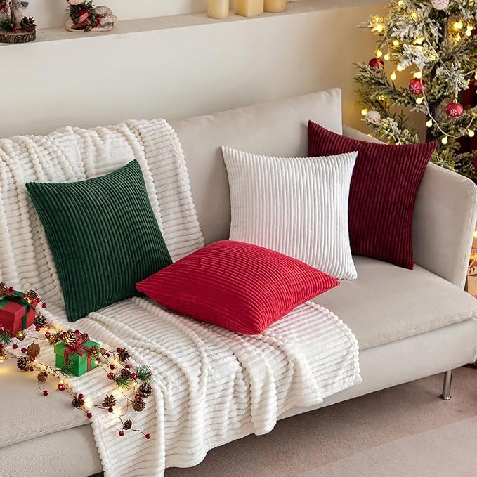 MIULEE Soft Corduroy Throw Pillow Covers Set of 2 16x16 Christmas Red | Decorative Striped Textured Cushion Cases, Boho Energetic Vibe Pillowcases, Home Decor for Couch Chair Sofa Bed Living Room