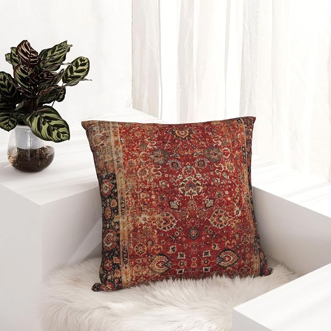 Antique Oriental Turkish Carpet Pattern Pillow Covers Decorative Square Throw Pillowcase 18x18 Inch Couch Cushion Cover for Home Decor Living Room Bedroom College Dorm Bed Car Sofa