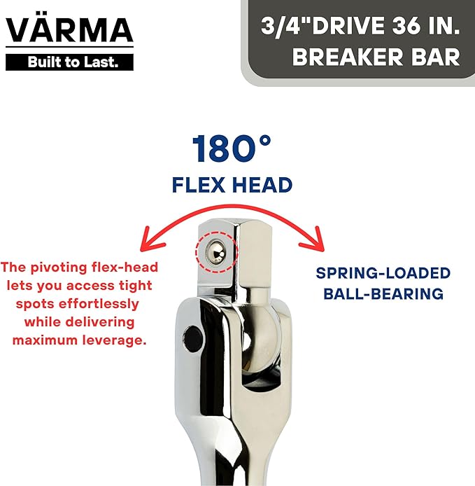 3/4” Drive 36-inch Breaker Bar with 180° Flex Head | High Alloy Steel Heavy-Duty Long Handle Torque Bar for Truck, Industrial, and Construction Applications
