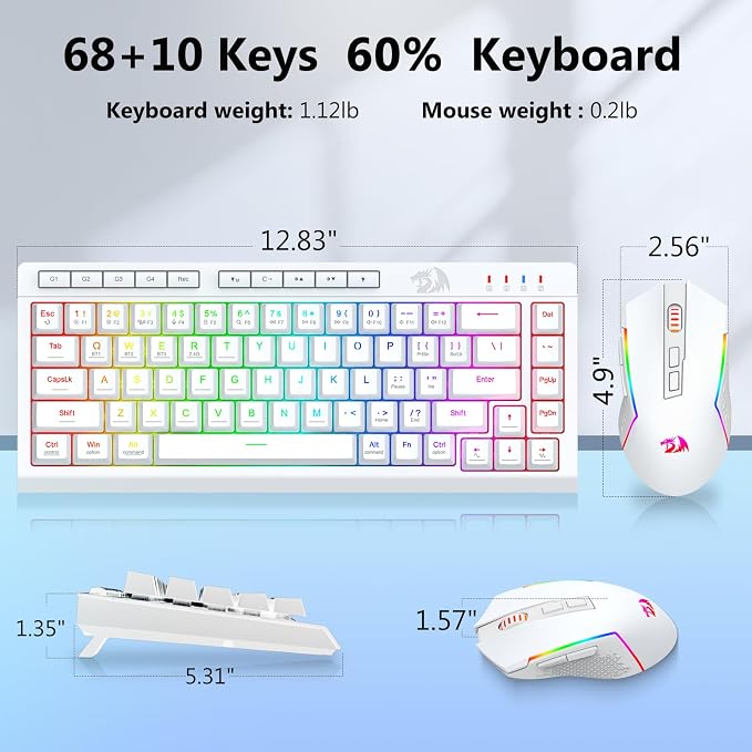 Redragon Wireless Gaming Keyboard and Mouse Combo, 60% Portable, White | Bluetooth/2.4G/USB-C Wired, RGB Backlit, Quiet Rechargeable Macro Membrane Keyboard & 12800 DPI Mouse for Win/MAC