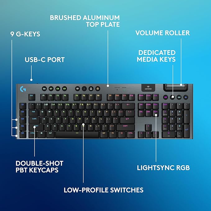 Logitech G915 X Lightspeed Wireless Gaming Keyboard (Tactile) - Black | Low Profile, Mechanical Switches, Double-Shot PBT Keycaps, RGB lighting, Aluminum finish, PC/Mac Compatible