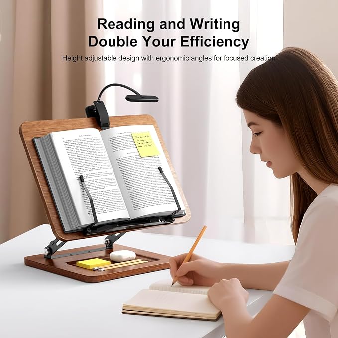 OPTIXCELL Book Stand with Light, Hands Free Book Holder, Gifts Book Lovers | Hands Free, Adjustable Height Angle, Built-in Storage Tray, 3-Mode Reading Light, Foldable Metal Frame, Fits Cookbook Tablet