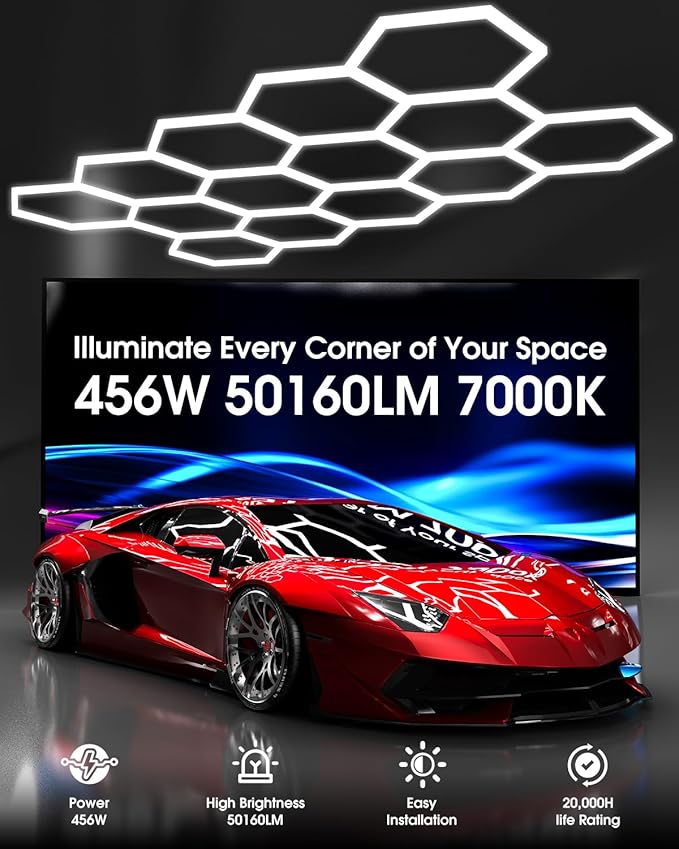 Hexagon Garage Lights 456W 50160LM,14 Grids LED Hexagon Light,7000K Honeycomb Lights for Garage,Warehouse,Car Detailing Shop,malls,Gym