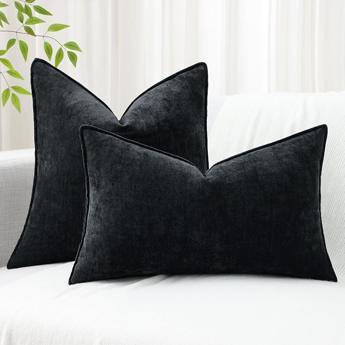 decorUhome Chenille Black Velvet Throw Pillow Covers 16x16 Set of 2 | Fall Soft Couch Decorative Modern Farmhouse Pillow Cases with Elegant Design for Sofa Bed Living Room Home Decor